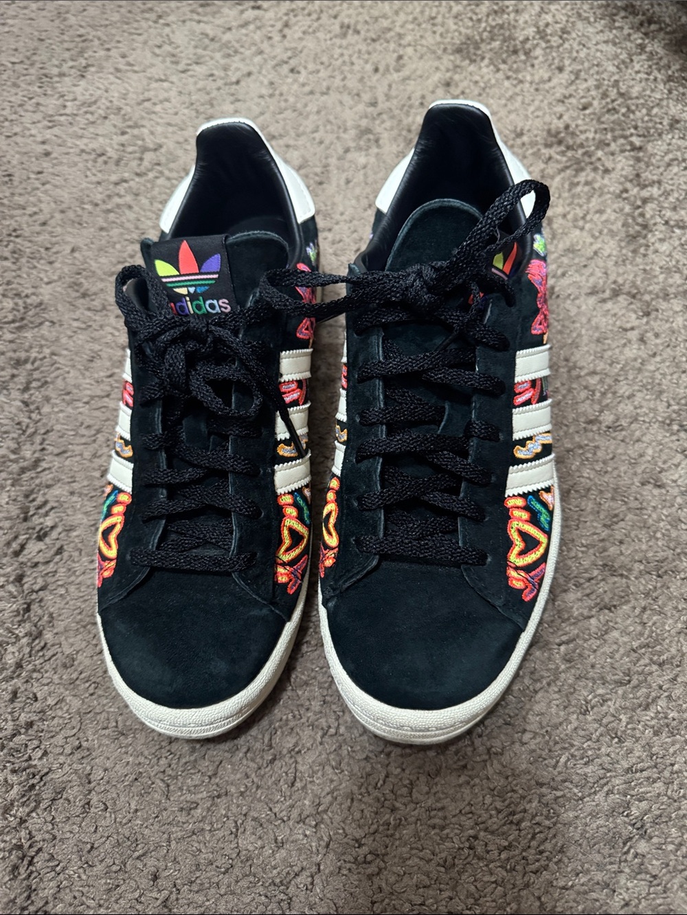 adidas Black Suede Sneakers with Colorful Embroidered Hearts